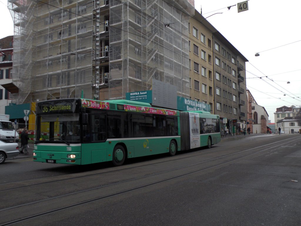 MAN Bus mit der Betriebsnummer 760 fhrt Richtung Schifflnde auf der Linie 36. Die Aufnahme stammt vom 17.02.2010.