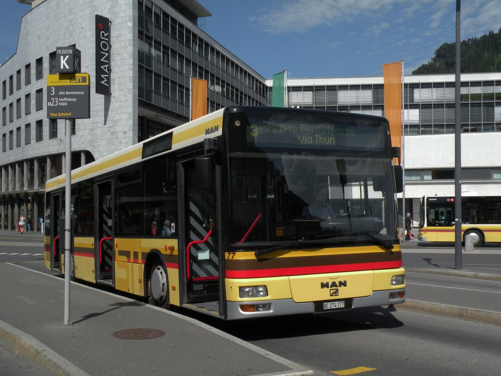 MAN Bus mit der Betriebsnummer 77 auf der Linie 3 am Bahnhof Thun. Die Aufnahme stammt vom 04.08.2012.