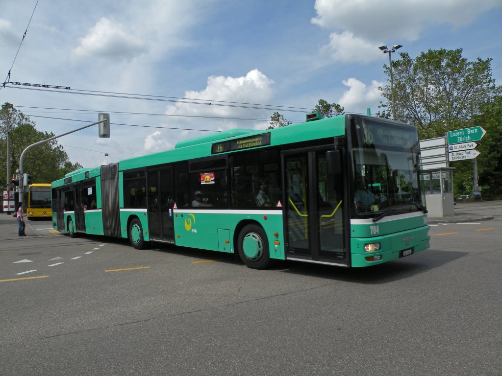 MAN Bus mit der Betriebsnummer 784 auf der Linie 36 am St. Jakob. Die Aufnahme stammt vom 31.05.2012.
