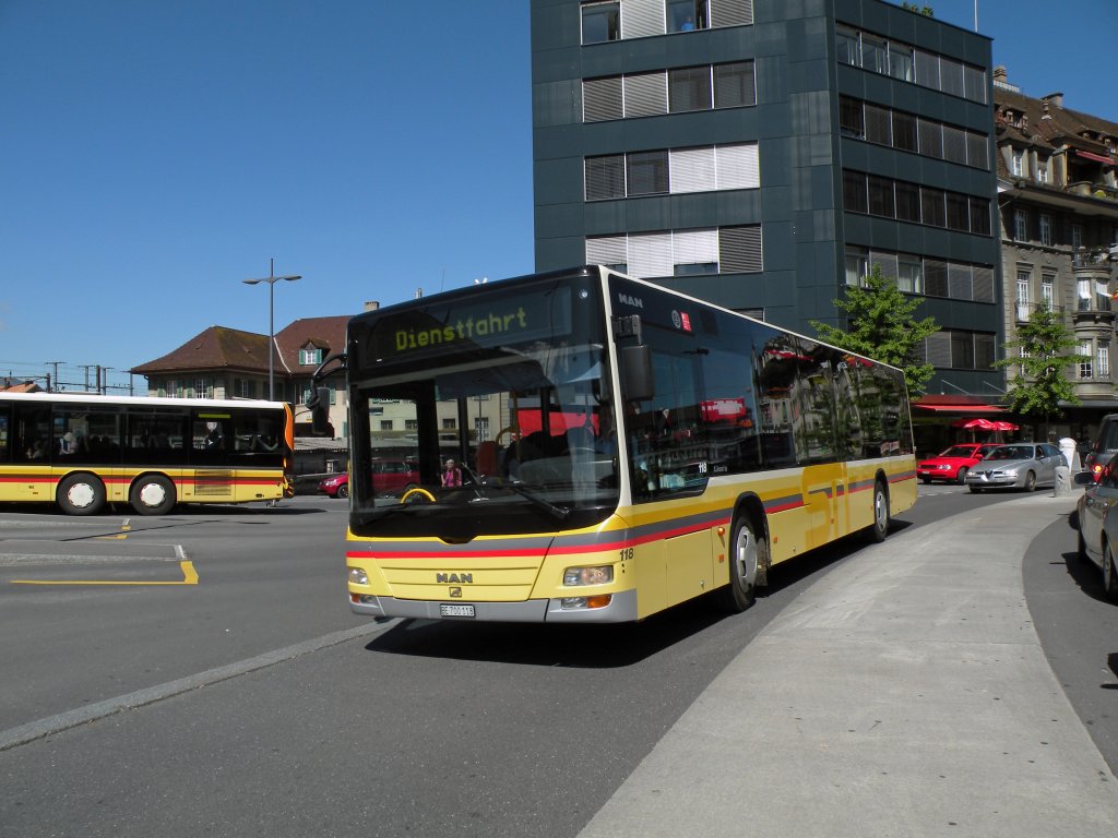 MAN Bus der STI mit der Betriebsnummer 118 fhrt am Bahnof Thun ein. Die Aufnahme stammt vom 18.05.2011.