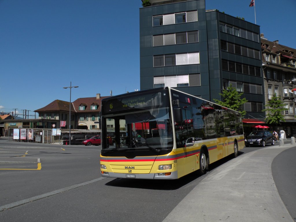 MAN Bus der STI mit der Betriebsnummer 115 fhrt am Bahnof Thun ein. Die Aufnahme stammt vom 18.05.2011.

