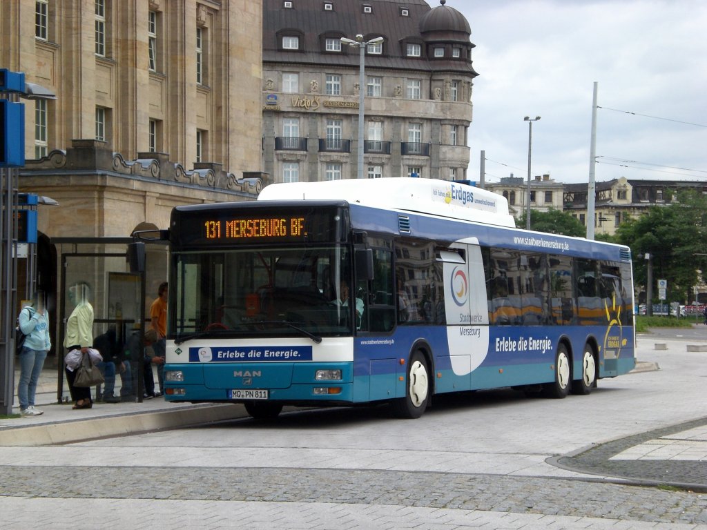 MAN Niederflurbus 2. Generation auf der Linie 131 nach Bahnhof Merseburg am Hauptbahnhof.