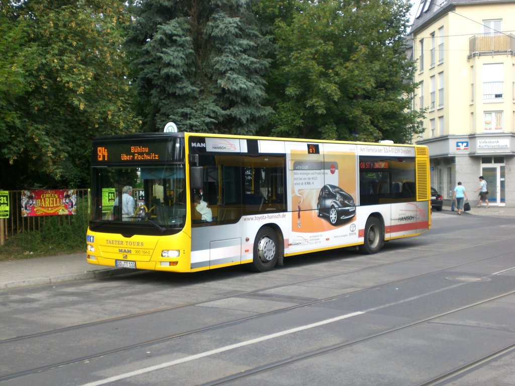 MAN Niederflurbus 3. Generation (Lion's City) auf der Linie 84 nach Bhlau Ullersdorfer Platz an der Haltestelle Blasewitz Schillerplatz.(28.7.2011)