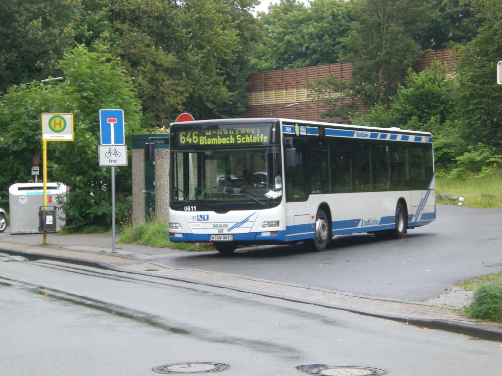MAN Niederflurbus 3. Generation (Lion's City) auf der Linie 646 nach Wuppertal-Ronsdorf Blombach Schleife an der Haltestelle Wuppertal-Hatzfeld Markland.(12.7.2012) 