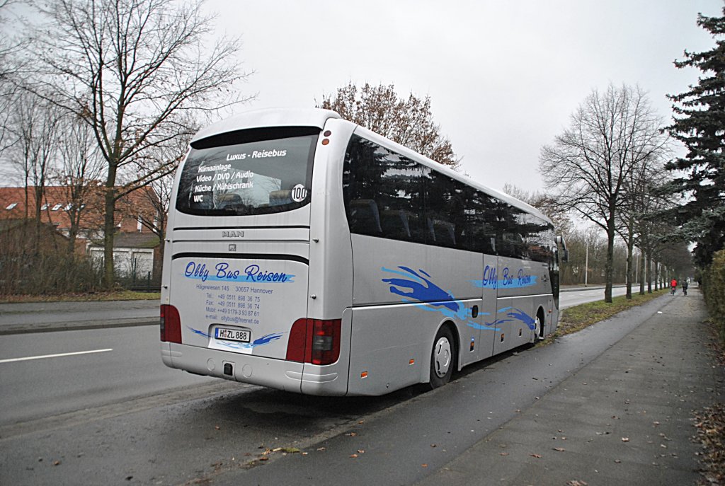 MAN Reisebus, in Hannover/Kugelfangtrift. Foto vom 23.01.2011.