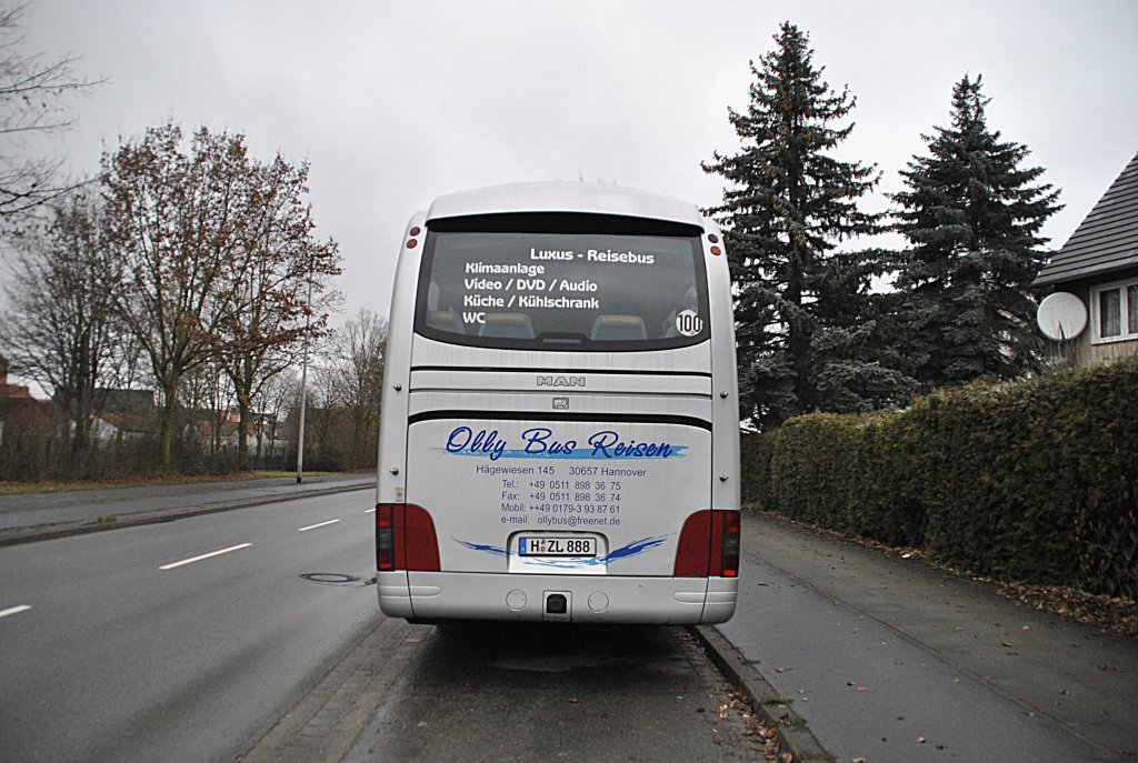 MAN Reisebus, in Hannover/Kugelfangtrift. Foto vom 23.01.2011.