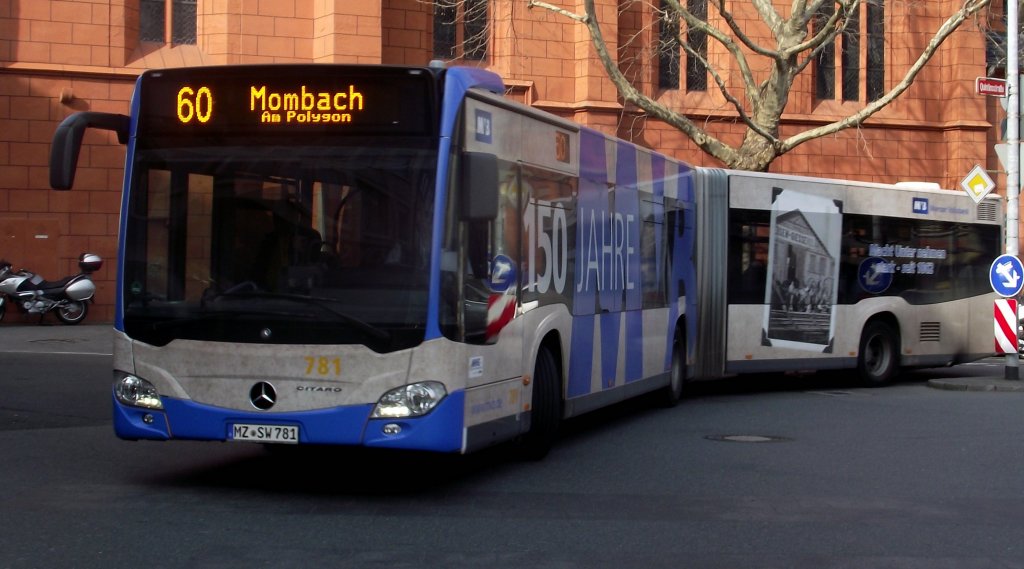 Mercedes Benz Citaro C2 G der MVG mit MVB Werbung am 04.04.13 in Mainz auf der Linie 60