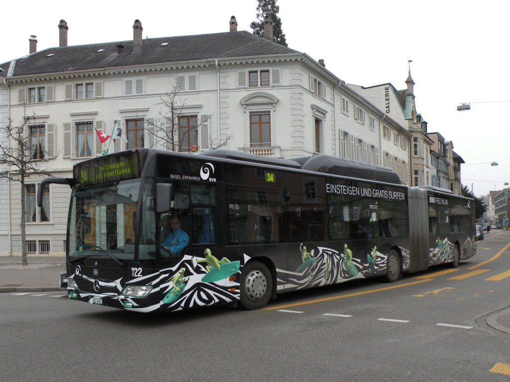 Mercedes Citaro mit der Betriebsnummer 722 auf der Linie 34 fhrt zur Haltestelle Wettsteinplatz. Die Aufnahme stammt vom 25.02.2013.
