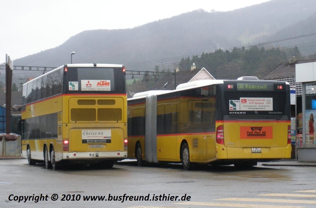 PostAuto, Region Nordschweiz, Regie Balsthal, 
MB Citaro GL und ein Neoplan Doppeldecker in Balsthal
