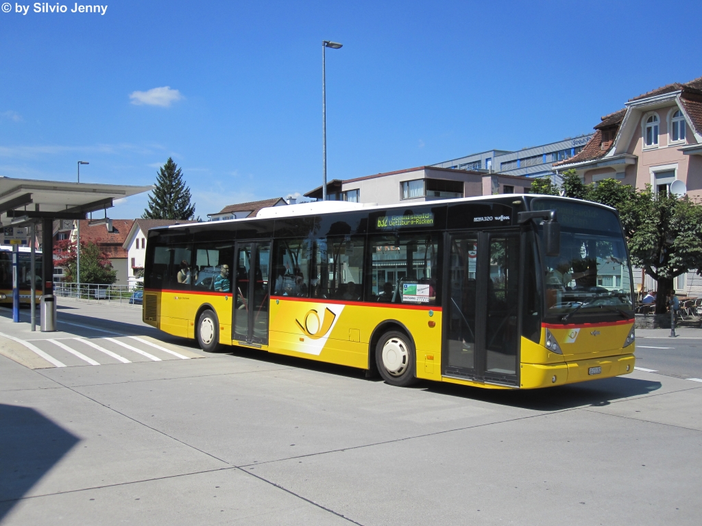 Postauto/Regie Uznach SG 273 382 ''Ernetschwil'' (VanHool New A320) am 31.7.2012 beim Bhf. Uznach