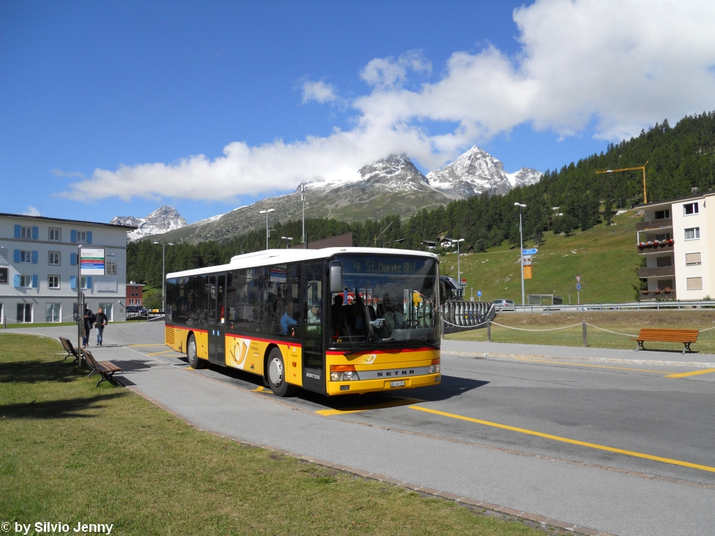 Postauto/St.Moritz GR 160 387 ''Bregaglia'' (Setra S315NF) am 7.8.2010 in St.Moritz Bad, Signalbahn. Der Wagen war ab Maloja als Entlastungskurs zum regulren 4er ab Chiavenna im Einsatz.