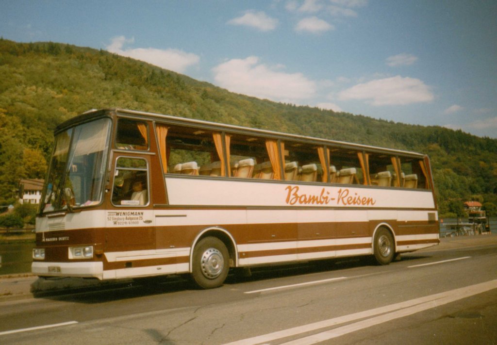 Raritt aus dem Archiv: Magirus Deutz 230 T 117 mit Gangloff-Aufbau  Bambi-Reisen , Baujahr ca. 1978, September 1991 Heidelberg