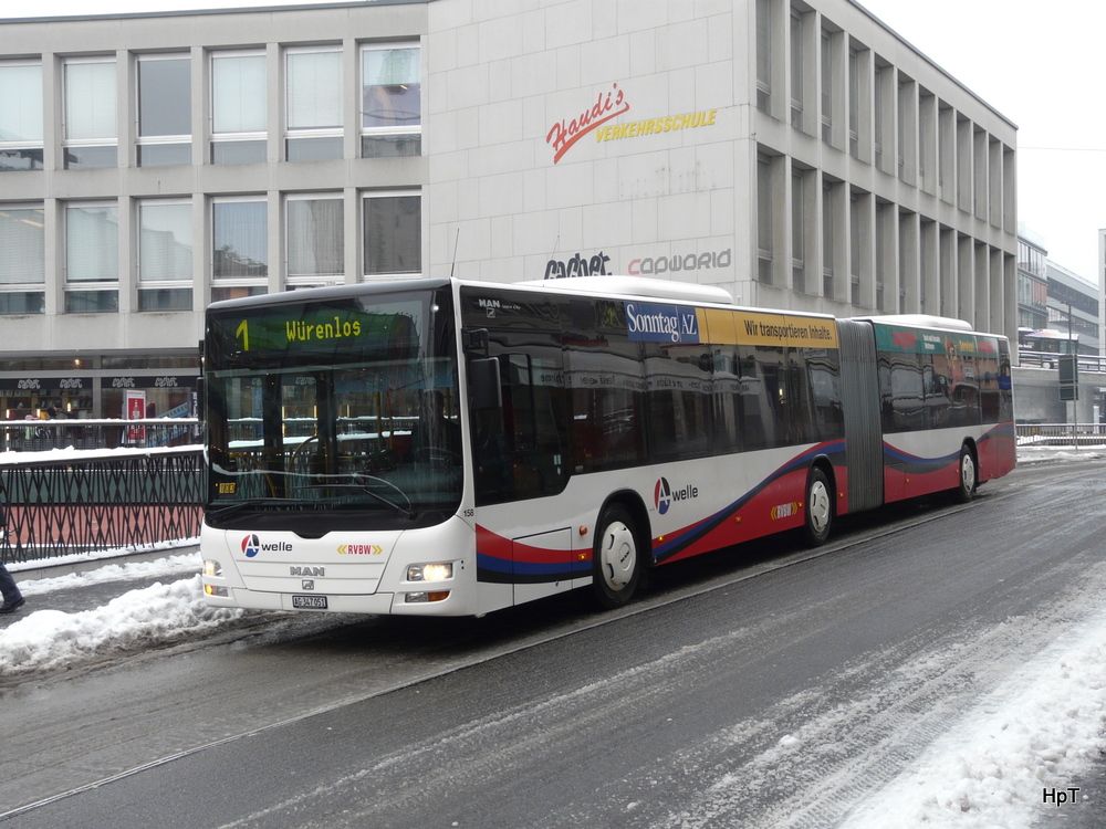 RVBW - MAN Lion`s City Nr.158  AG 347051 unterwegs auf der Linie 1 in Baden am 29.12.2010