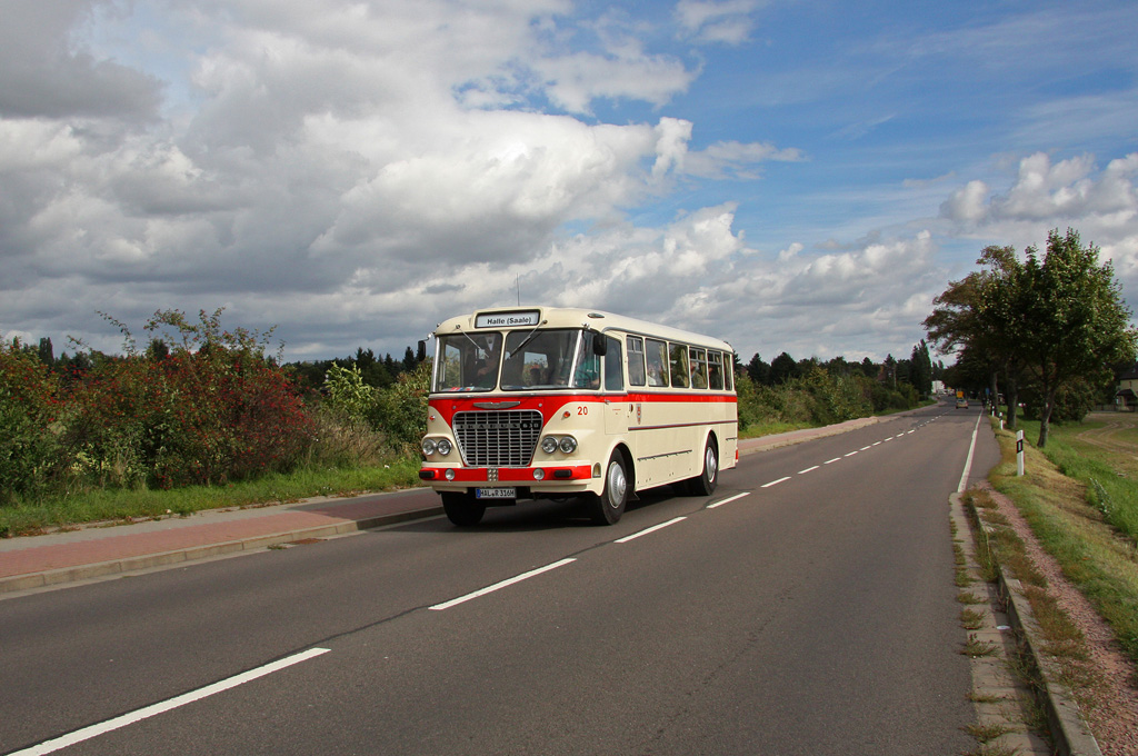 Seltener Auftritt! Der Ikarus 630 der  Halleschen Straßenbahnfreunde  beförderte am 18.09.2010 Fahrgäste von Schkeuditz nach Halle. Hier durchfährt er den Schkeuditzer Ortsteil Wehlitz.