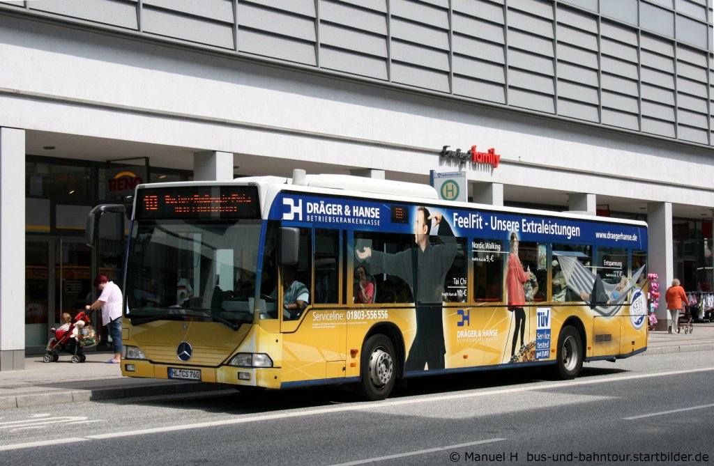 SL 760 (HL CS 760) mit Werbung fr Drger und Hanse.
Aufgenommen vor den Linden Arcaden am 1.7.2010.