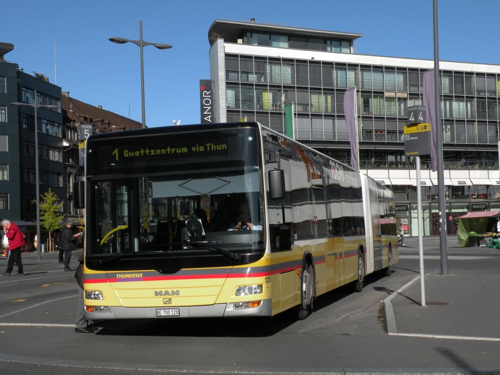 STI Bus BE 700120 mit der Betriebsnummer 120 im Einsatz auf der Linie 1. Die aufnahme stammt vom 05.11.2009.