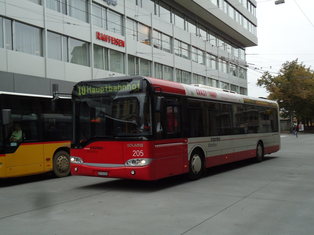 SW Winterthur - Nr. 205/ZH 730'205 - Solaris am 24. Oktober 2012 beim Hauptbahnhof Winterthur