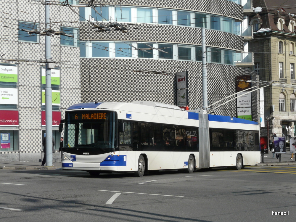 tl - Hess Swisstrolley BGT-N2C Nr.849 unterwegs auf der Linie 6 in der Stadt Lausanne am 16.02.2013