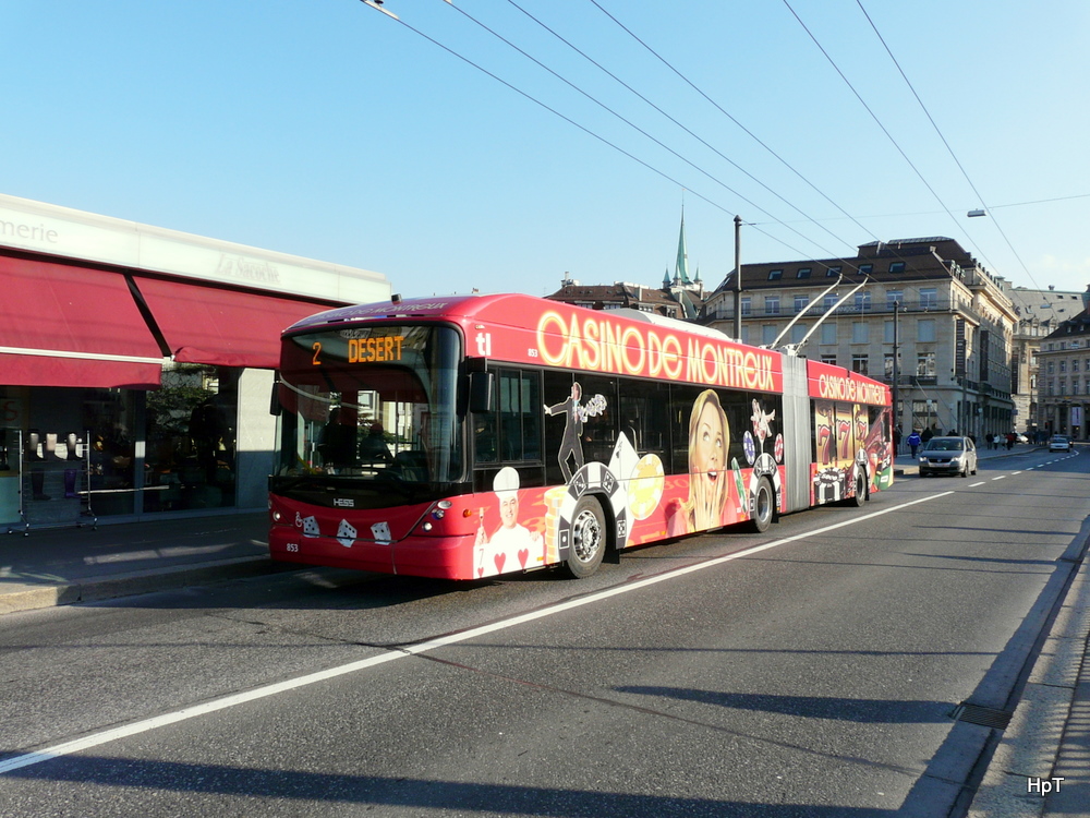 TL - Hess-Swisstrolley BGT-N2C Nr.853 unterwegs auf der Linie 2 in der Stadt Lausanne am 22.01.2011