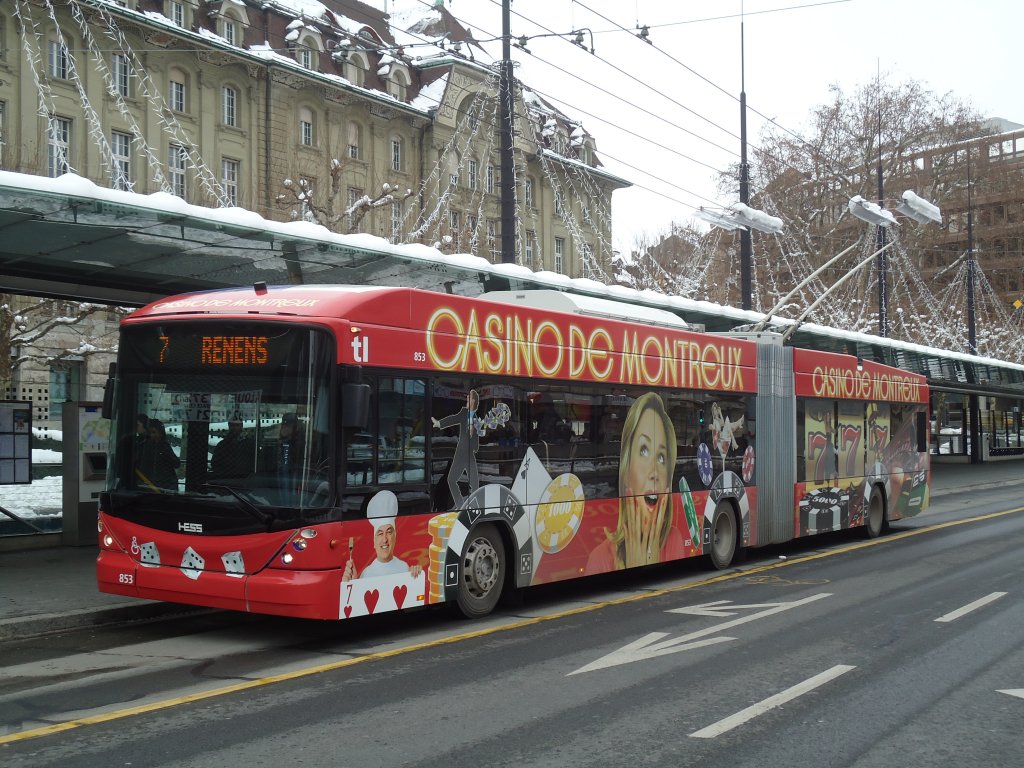 TL Lausanne Nr. 853 Hess/Hess Gelenktrolleybus am 5. Dezember 2010 Lausanne, Chauderon (mit Vollwerbung fr  Casino de Montreux )