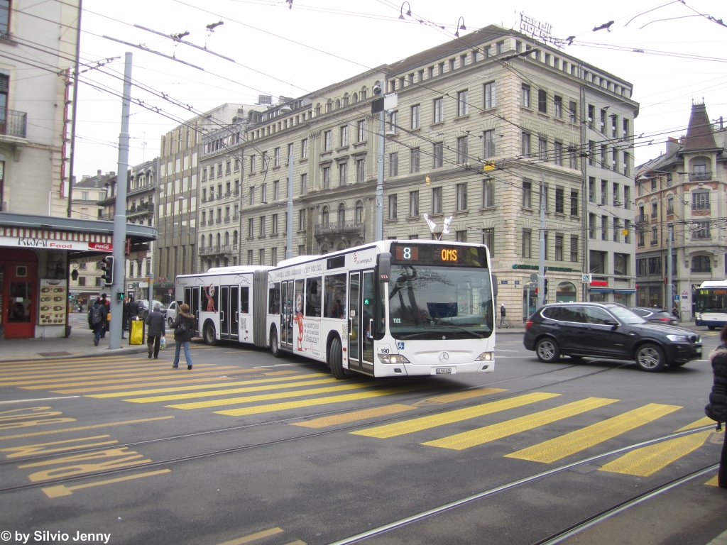 tpg Nr. 190 ''suisseenergie.ch'' (Mercedes CitaroII O530G) am 7.3.2013 in Genve, Chantepoulet. Auch in Genf ist ein Vollwerbebus fr suisseenergie, resp. Energie-Schweiz unterwegs.