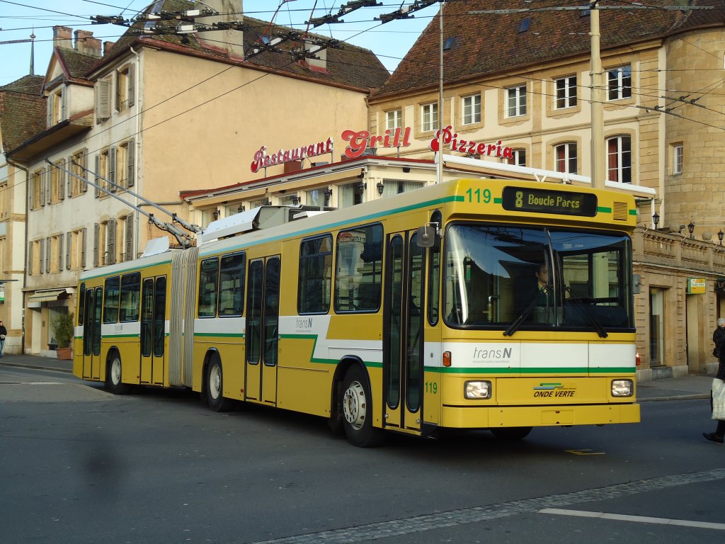 transN, La Chaux-de-Fonds - Nr. 119 - NAW/Hess Gelenktrolleybus (ex TN Neuchtel Nr. 119) am 29. Dezember 2012 in Neuchtel, Place Pury
