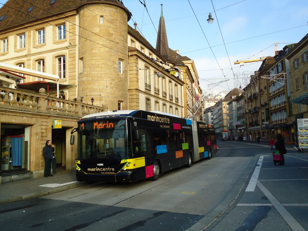 transN, La Chaux-de-Fonds - Nr. 131 - Hess/Hess Gelenktrolleybus (ex TN Neuchâtel Nr. 131) am 29. Dezember 2012 in Neuchâtel, Place Pury