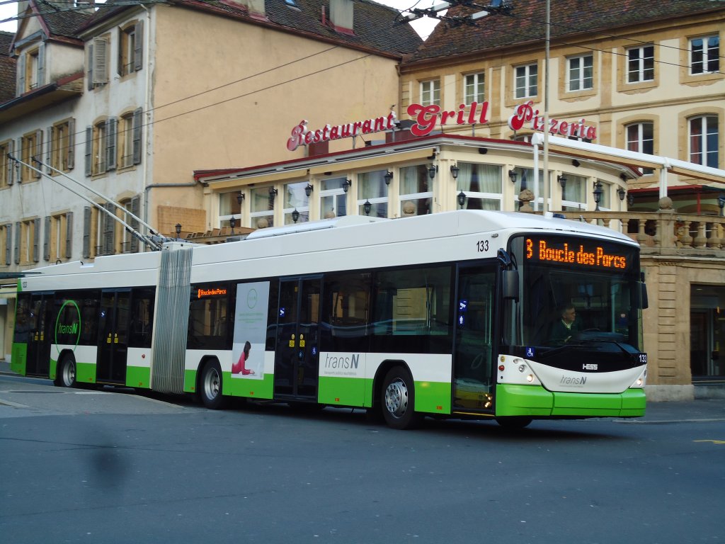 transN, La Chaux-de-Fonds - Nr. 133 - Hess/Hess Gelenktrolleybus (ex TN Neuchâtel Nr. 133) am 29. Dezember 2012 in Neuchâtel, Place Pury