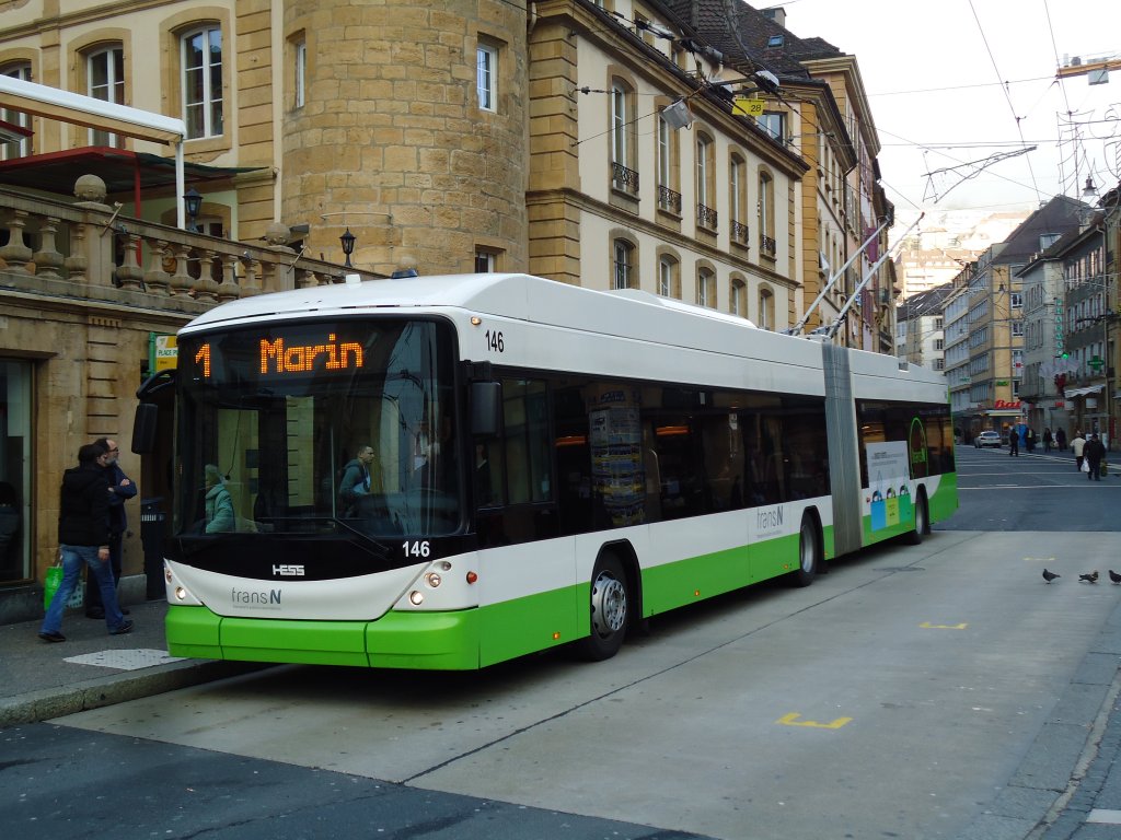 transN, La Chaux-de-Fonds - Nr. 146 - Hess/Hess Gelenktrolleybus (ex TN Neuchtel Nr. 146) am 29. Dezember 2012 in Neuchtel, Place Pury