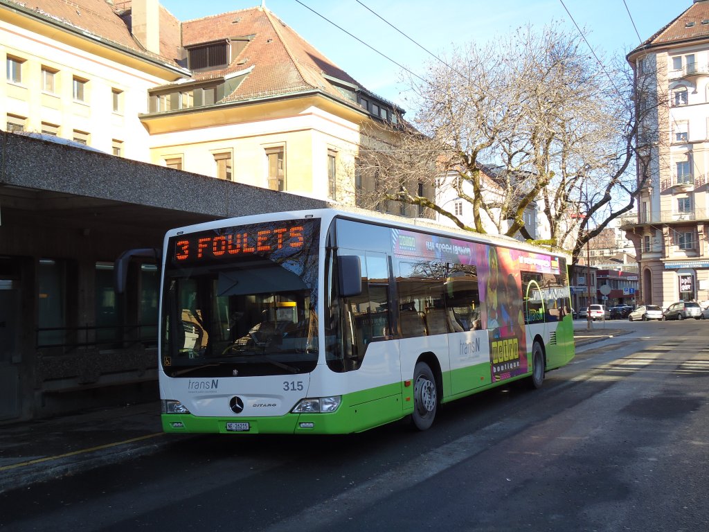 transN, La Chaux-de-Fonds - Nr. 315/NE 26'215 - Mercedes Citaro (ex TRN La Chaux-de-Fonds Nr. 315) am 29. Dezember 2012 beim Bahnhof La Chaux-de-Fonds