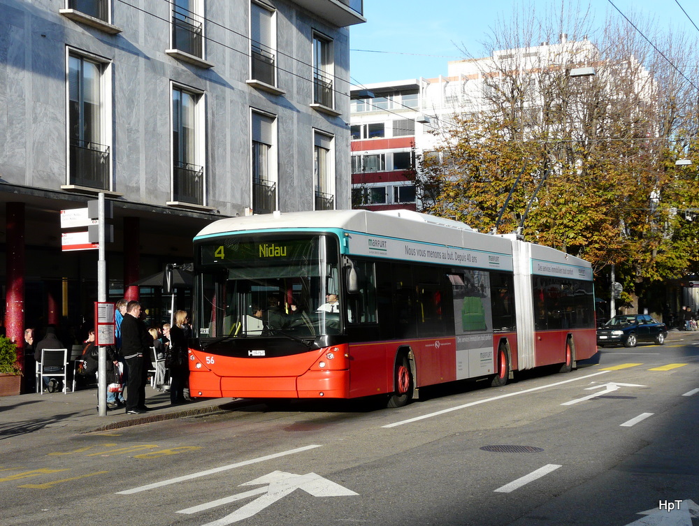 VB Biel - Hess-Swisstrolleybus BGT-N2C Nr.56 unterwegs auf der Linie 4 in der Stadt Biel am 13.11.2010