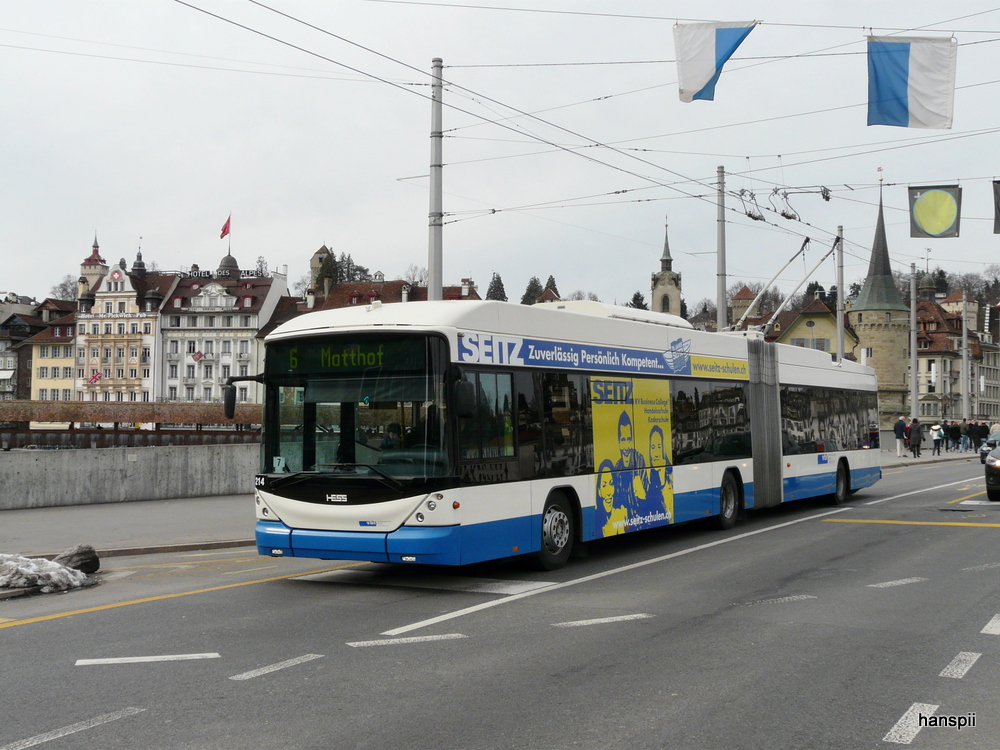 VBL - Hess-Swisstrolley BGT-N2C Nr.214 unterwegs auf der Linie 6 in Luzern am 16.03.2013