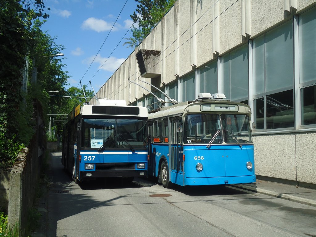 VBL Luzern (Rtrobus) - Nr. 257 - NAW/R&J-Hess Trolleybus + TL Lausanne (Rtrobus) -Nr. 656 - FBW/Eggli Trolleybus am 13. Mai 2012 in Lausanne, Depot Borde