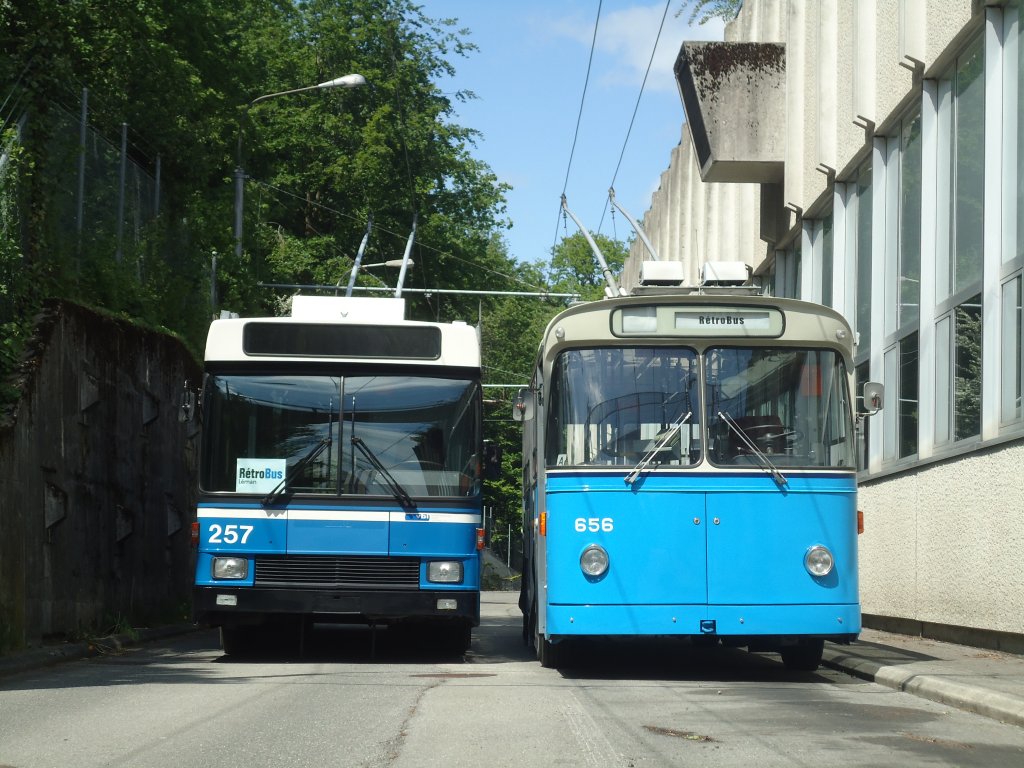 VBL Luzern (Rtrobus) - Nr. 257 - NAW/R&J-Hess Trolleybus + TL Lausanne (Rtrobus) - Nr. 656 - FBW/Eggli Trolleybus am 13. Mai 2012 in Lausanne, Depot Borde