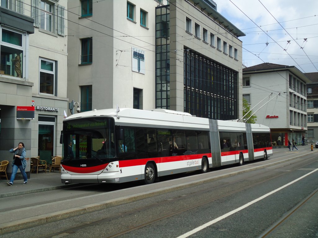 VBSG St. Gallen - Nr. 191 - Hess/Hess Doppelgelenktrolleybus am 13. April 2011 in St. Gallen, Marktplatz