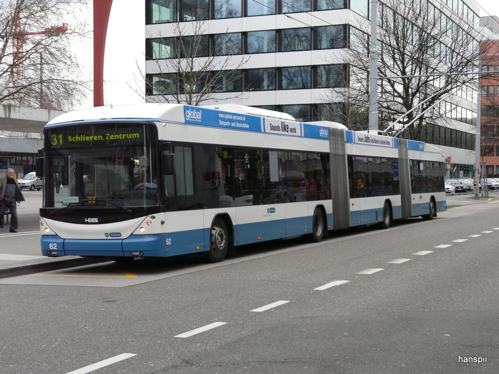 VBZ - Hess-Swisstrolley BGGT-N2C Nr.62 unterwegs auf der Linie 31 in Zrich Altstetten am 01.01.2013