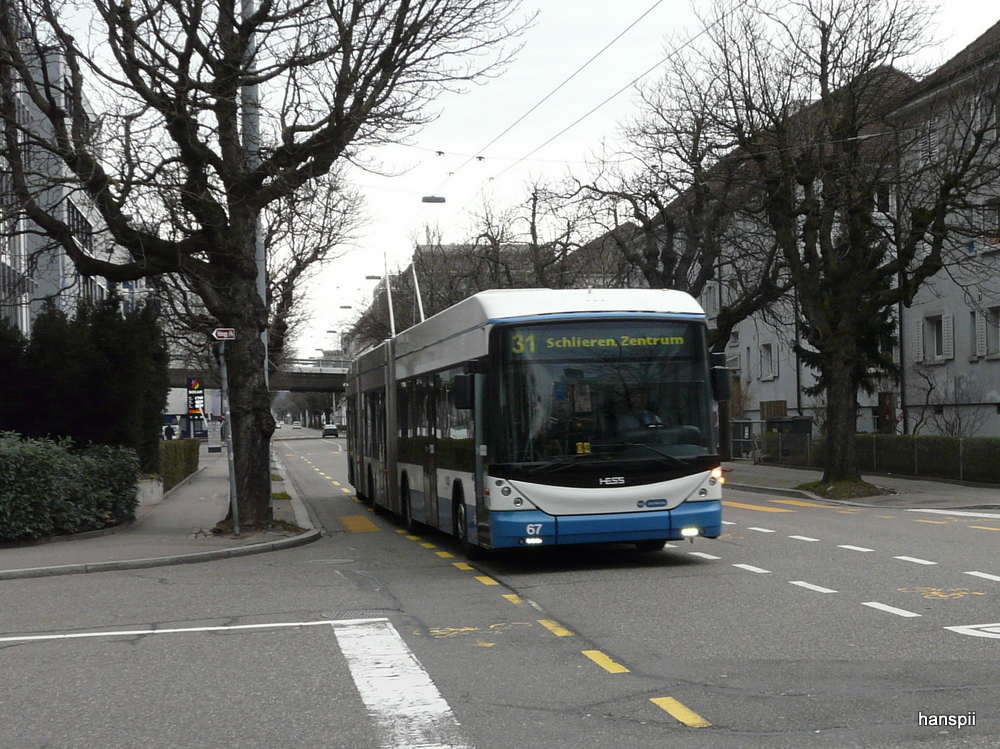 VBZ - Hess-Swisstrolley BGGT-N2C Nr.67 unterwegs auf der Linie 31 in Zrich Altstetten am 01.01.2013