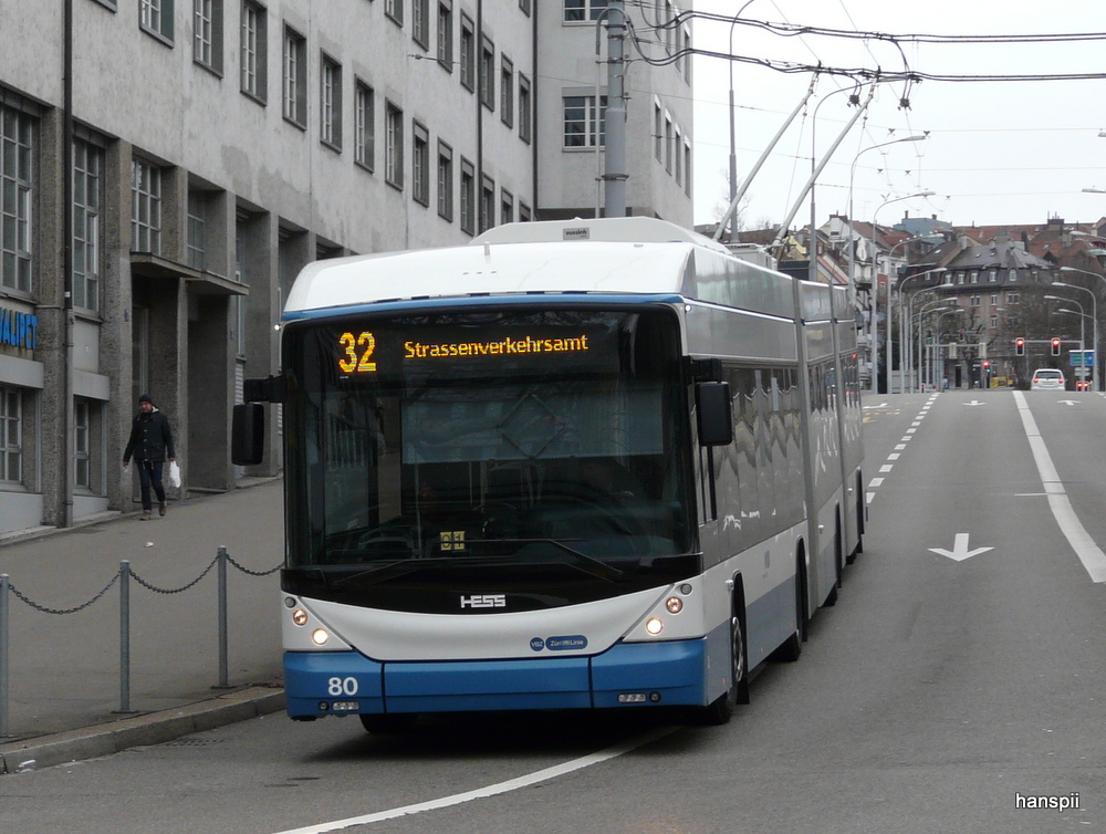 VBZ - Hess-Swisstrolley BGGT-N2C Nr.80 unterwegs auf der Linie 32 in Zrich am 01.01.2013
