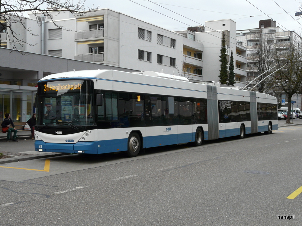 VBZ - Hess-Swisstrolley BGGT-N2C Nr.81 unterwegs auf der Linie 31 in Zrich Altstetten am 01.01.2013