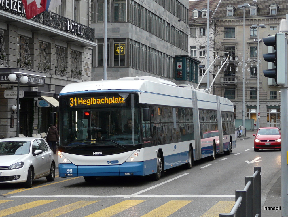 VBZ - Hess-Swisstrolley BGGT-N2C Nr.86 unterwegs auf der Linie 31 in Zrich am 01.01.2013