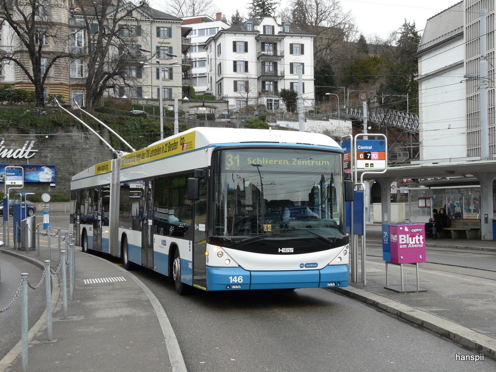 VBZ - Hess-Swisstrolley BGT-N2C  Nr.146 unterwegs auf der Linie 31 in Zrich am 23.12.2012