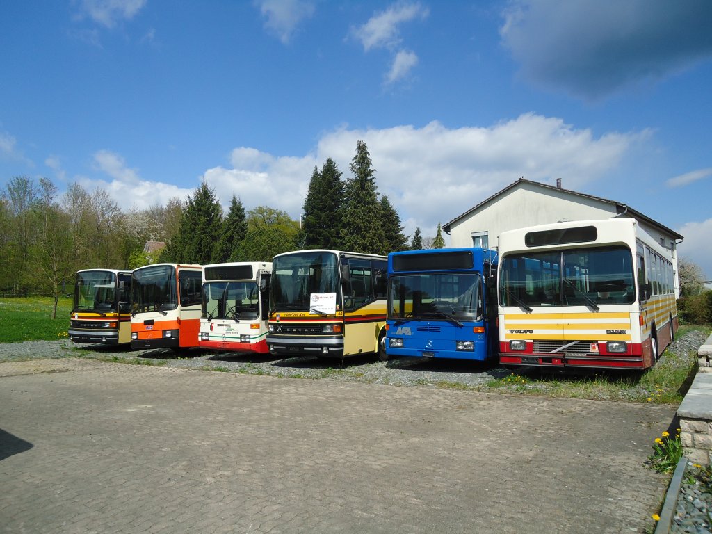 Von links nach rechts: STI Thun - Nr. 44 - Setra (ex AGS Sigriswil); R.G.V. Autobus, Stabio - NAW/Lauber (ex AMSA Chiasso Nr. 23; ex AWA Amden Nr. 3); RVT La Chaux-de-Fonds - Nr. 7 - Mercedes O 405; STI Thun - Nr. 45 - Setra (ex AGS Sigriswil Nr. 3); AFA Adelboden - Nr. 30 - Mercedes O 405N (ex Nr. 3); Busland, Koppigen - Nr. 11 - Volvo/R&J (ex AOE Langnau Nr. 11; ex STI Thun Nr. 33; ex SAT Thun Nr. 33) am 13. April 2011 in Romanshorn, Spitz