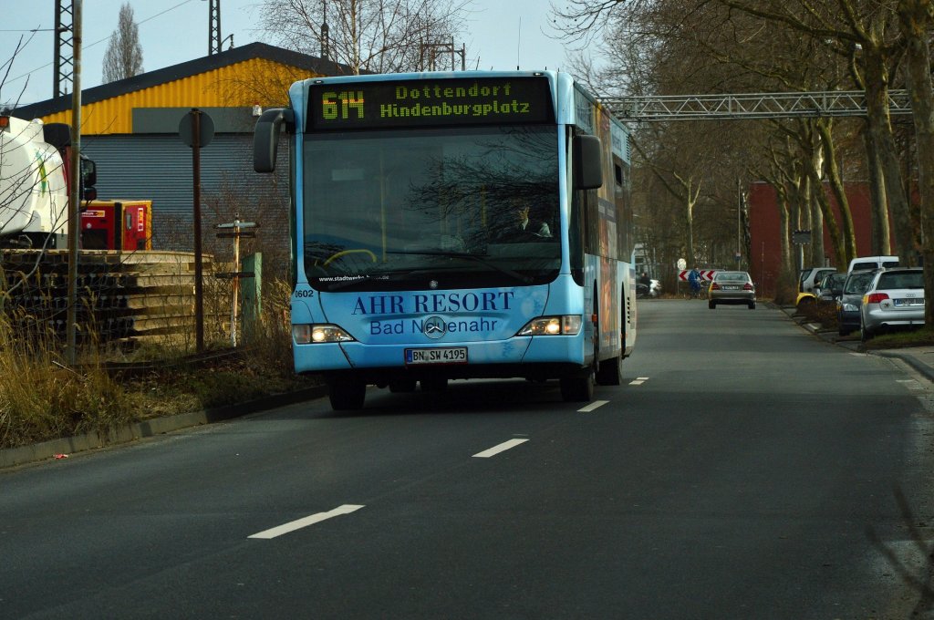 Wagen 0602 als Linie 614 nach Dottendorf Hindenburgplatz auf der Galileistrae in  Bonn Mehlem. 18.3.2013