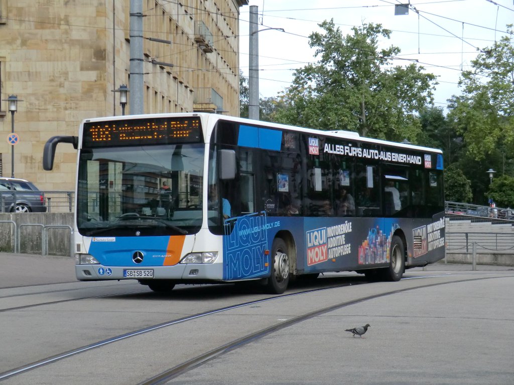 Wagen 520 der Saarbahn bedient am 27.8.10 die Linie 108 am Hbf.