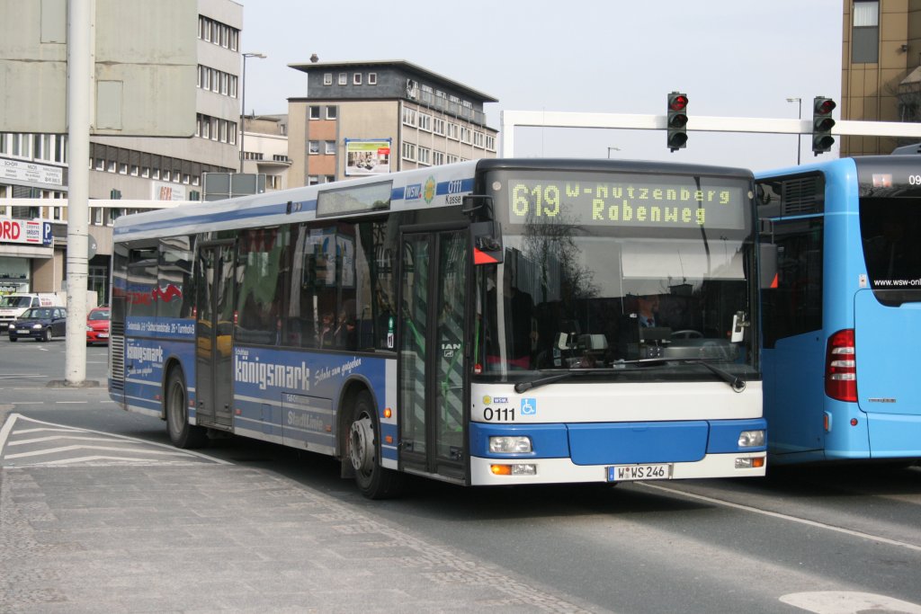 WSW 0111 (W SW 246) mit Werbung fr Knigsmark.
Aufgenommen am HBF Wuppertal, 17.3.2010.