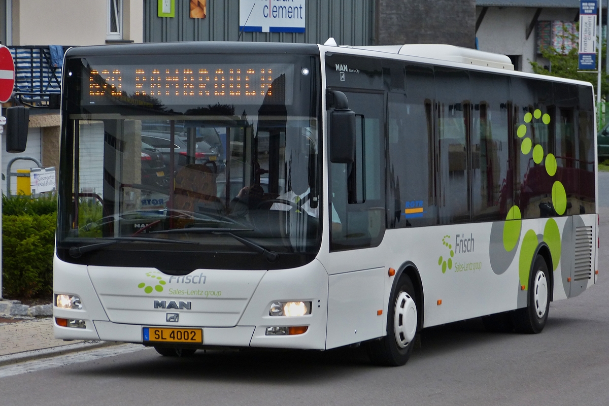 . SL 4002, MAN Lion's City des Busunternehmens Frisch (Sales Lentz group) aufgenommen am Bahnhof in Wiltz am 17.08.2015.