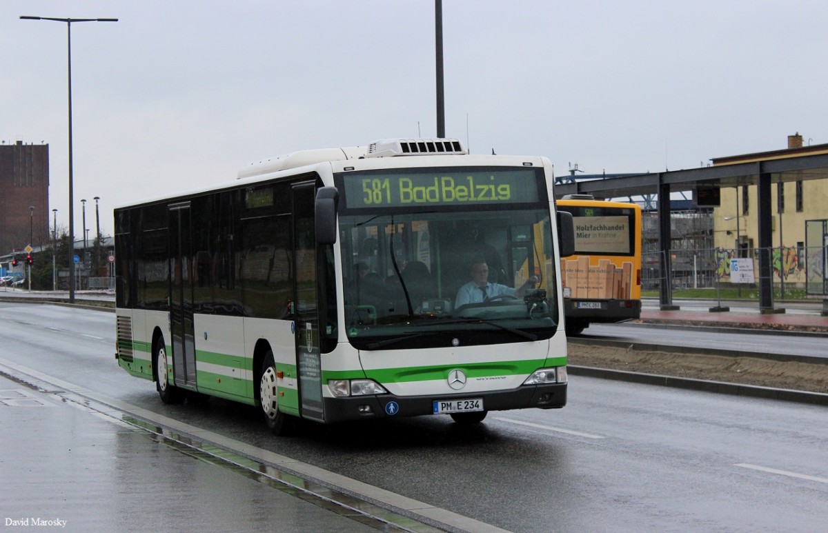 16.03.2014 ein Mercedes-Benz Citaro II Ü der VGBelzig verlässt den Brandenburger Hauptbahnhof. 