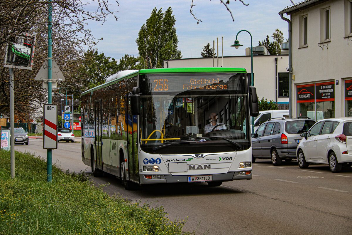 3.9.2023: Dr. Richard Wagen 1443 fährt als Linie 256 von Wien Liesing nach Gießhübl.