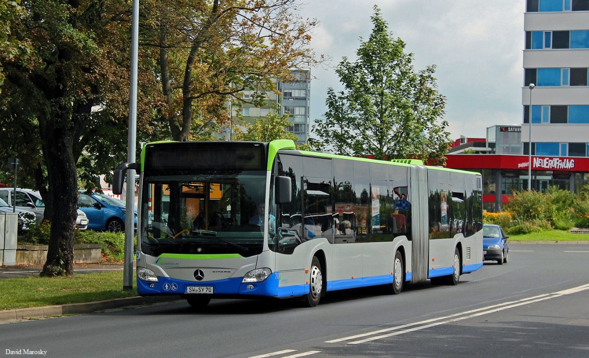 4. August 2014 - Wagen 70 der Stadtwerke Schweinfurt (SW Verkehr) fährt auf der Hauptstraße in Richtung Bergl. (Citaro C2G) 