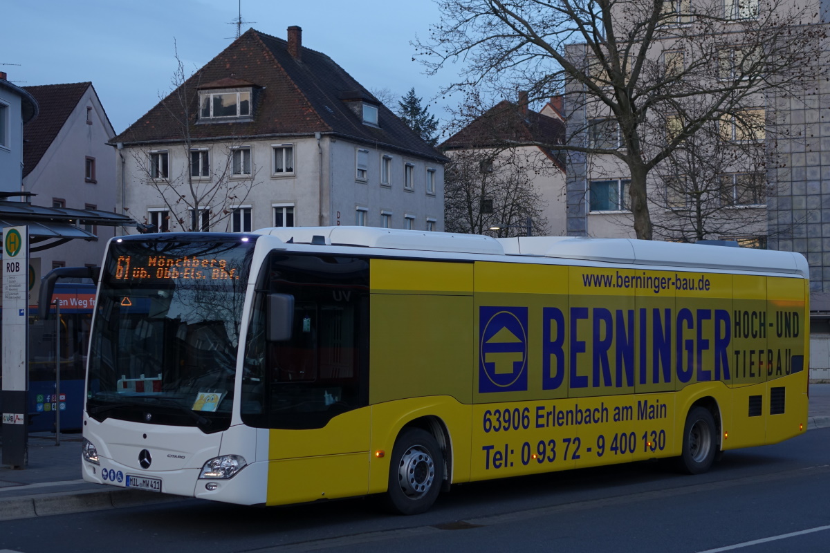 A. Wießmann & Sohn / MIL-MW 411 / Aschaffenburg, Hauptbahnhof/ROB / Mercedes-Benz O 530 LE Ü C2 / Aufnahemdatum: 09.04.2021 / Werbung: Berninger Hoch- und Tiefbau